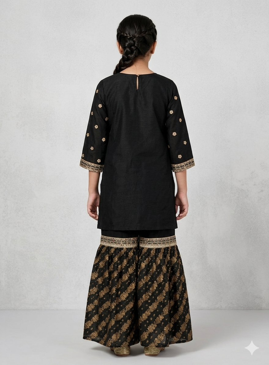 Festive Black Printed & Embroidered Kurta & Gharara Set