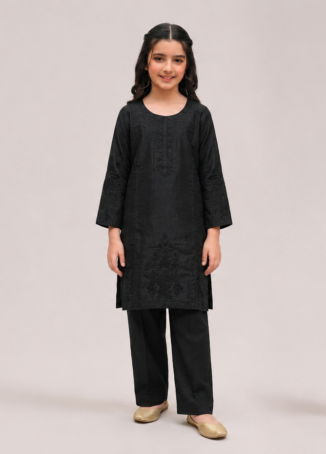 Premium Black Monochrome Embroidered Kameez & Trouser Set