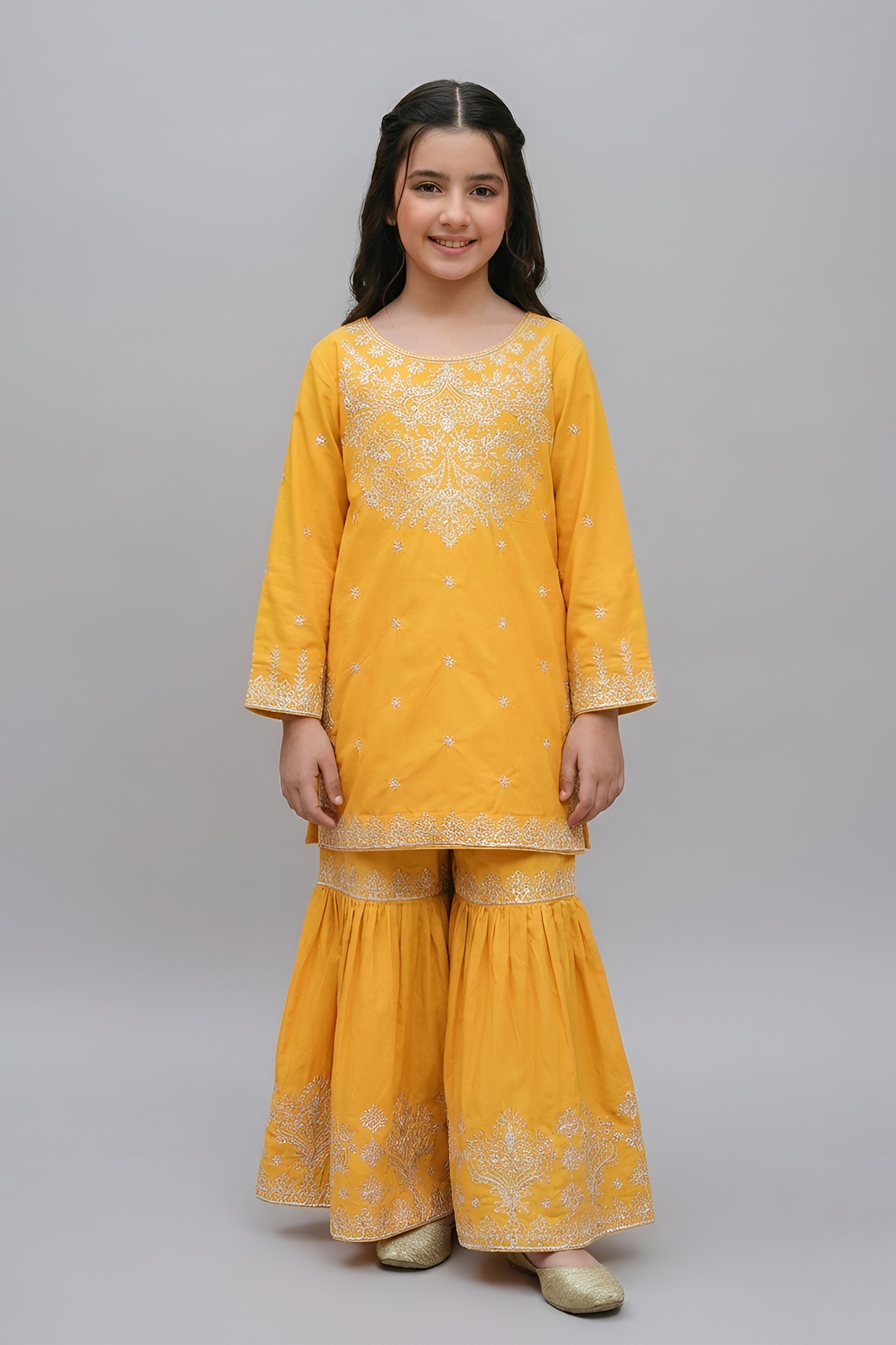 Vibrant Yellow Silver Embroidered Kurta & Gharara Set
