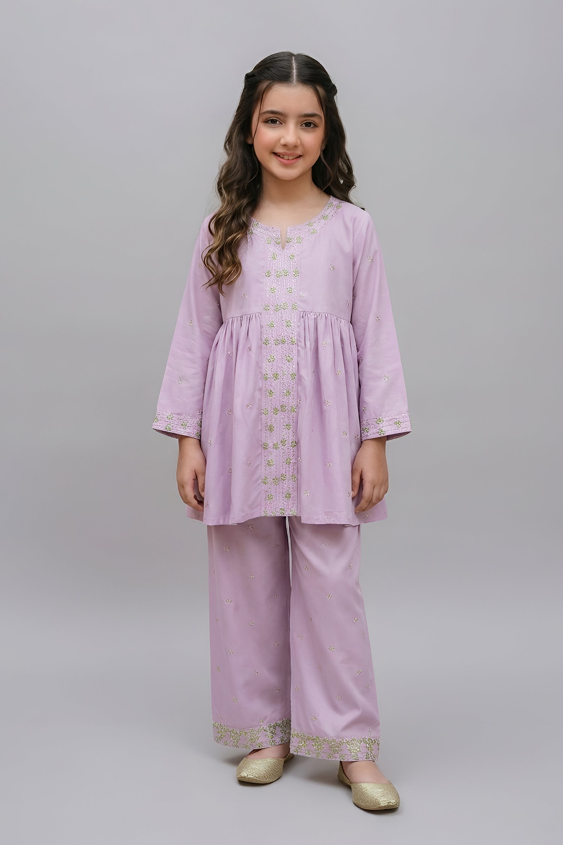 Stylish Lilac Green Embroidered Peplum Kurta & Trouser Set