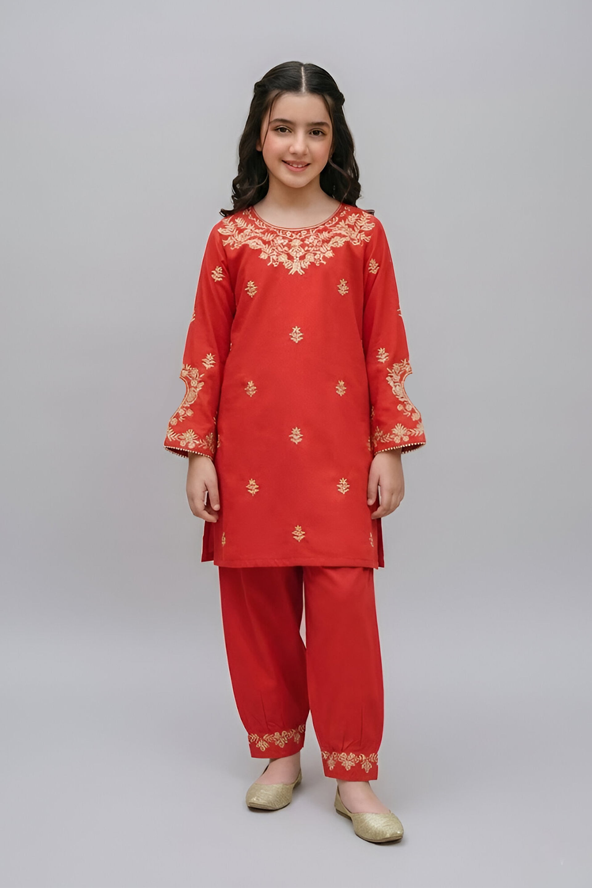 Festive Red Embroidered Kurta & Tulip Trouser Set